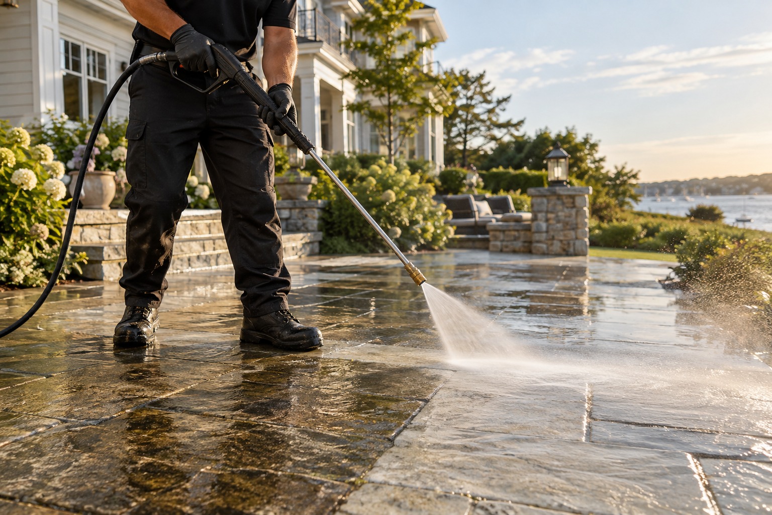 Illustrative image of pressure washing lifting dirt from a stone terrace